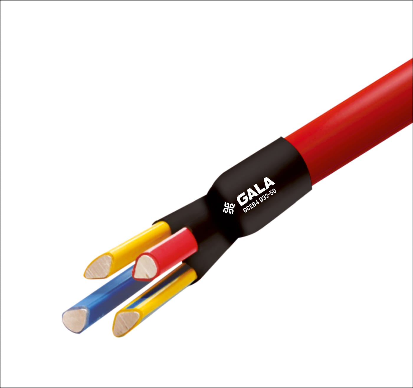 Black cold shrink breakout closed onto a red four-core cable, marked GCEB4 Ø32-50, with four sector-shaped cores emerging from its fingers