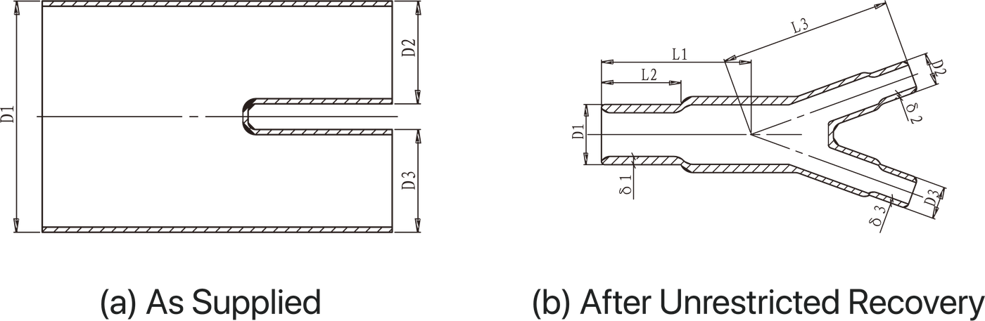 Sectioned drawing of a two-way boot in both states, labelled (a) As Supplied and (b) After Unrestricted Recovery, with D1, D2, D3, L1, L2, L3 and wall thicknesses dimensioned