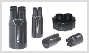 Manufacturer's photograph of heat-shrink moulded shapes, cable breakouts among them