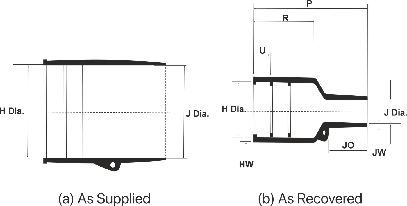 Dimensioned line drawing of a straight boot, printed twice as supplied and as recovered, with the H, J, P, R, U, JO, HW, JW, X and Y callouts arrowed on.