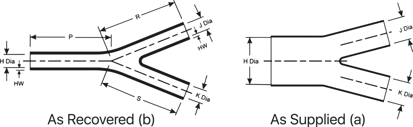 Dimensioned drawing of the Y-type boot as supplied and as recovered, carrying the H, J, K, P, R and S callouts