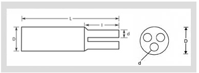 Manufacturer's line drawing of a breakout, marked D and L on the body and d and l on a leg, with an end view showing three cores